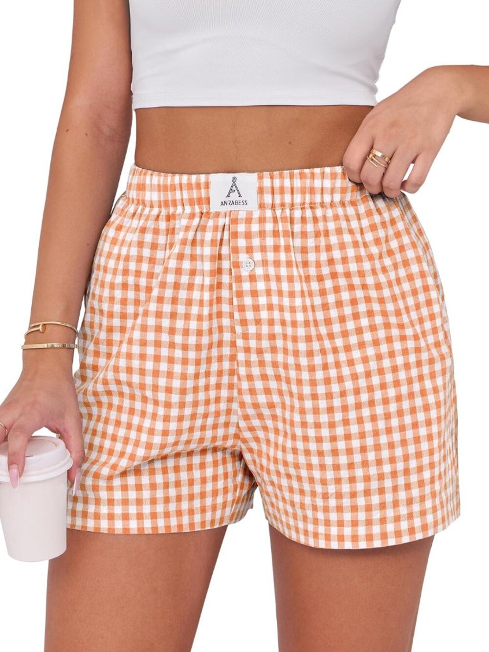 〽️Women's Boxer Shorts Orange White Plaid Casual Lounge Sleep Comfort High